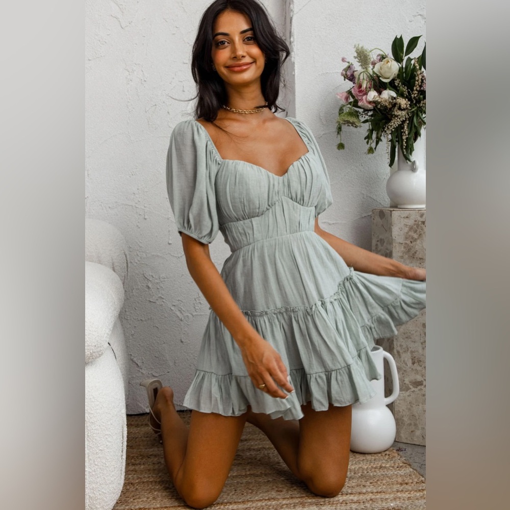 Selfie Leslie Sage Green Puff Sleeve Mini Dress